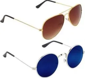 Round, Aviator Sunglasses (For Men & Women, Brown, Blue)