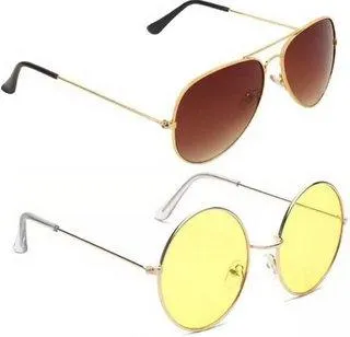 Round, Aviator Sunglasses (For Men & Women, Brown, Yellow)
