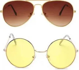 Round, Aviator Sunglasses (For Men & Women, Brown, Yellow)