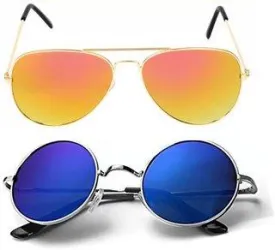 Round, Aviator Sunglasses (For Men & Women, Yellow, Blue)
