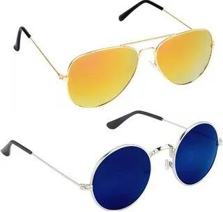 Round, Aviator Sunglasses (For Men & Women, Yellow, Blue)