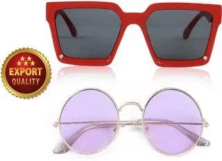 Round, Retro Square Sunglasses (For Men & Women, Red, Violet)