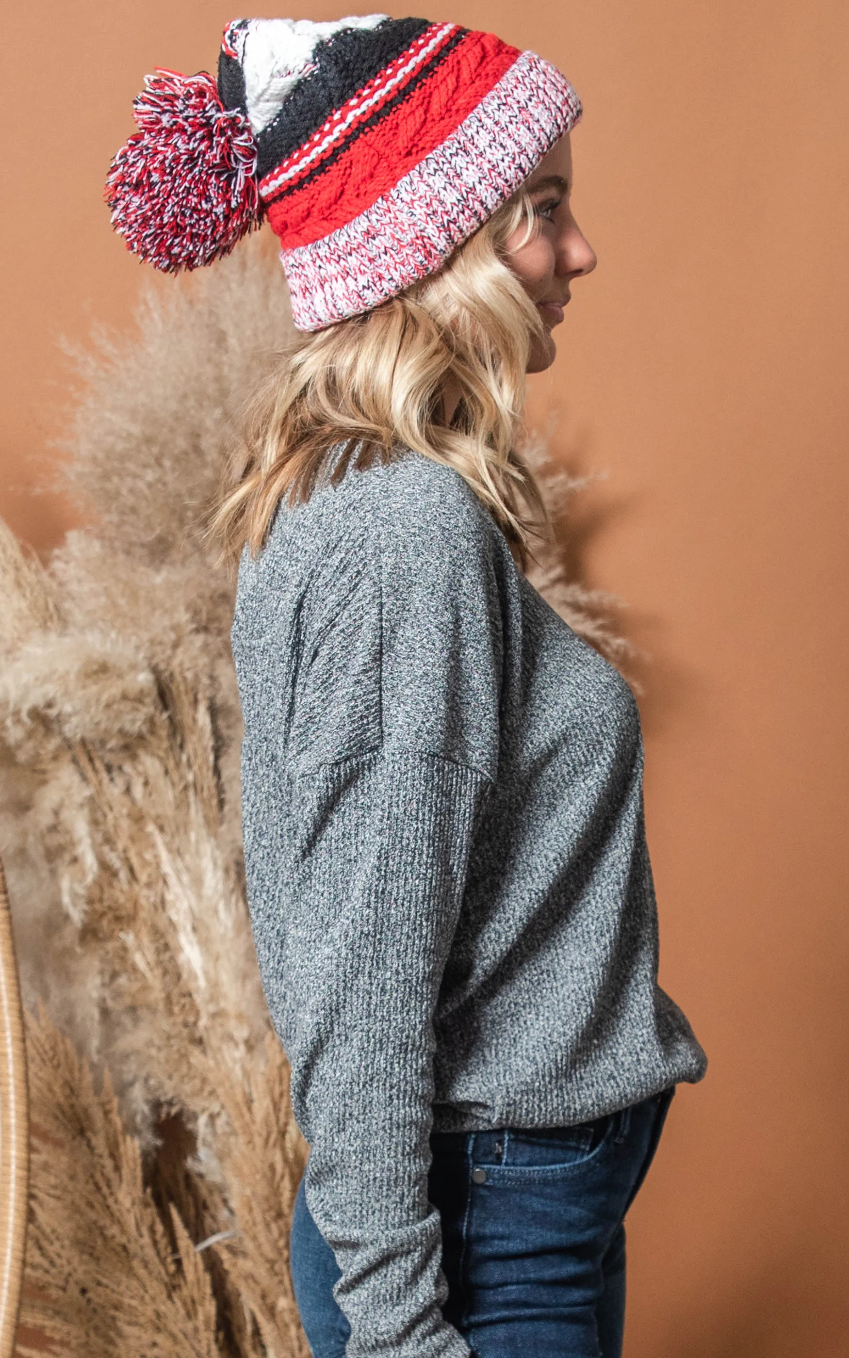 Stripe Knit Pom Pom Beanie