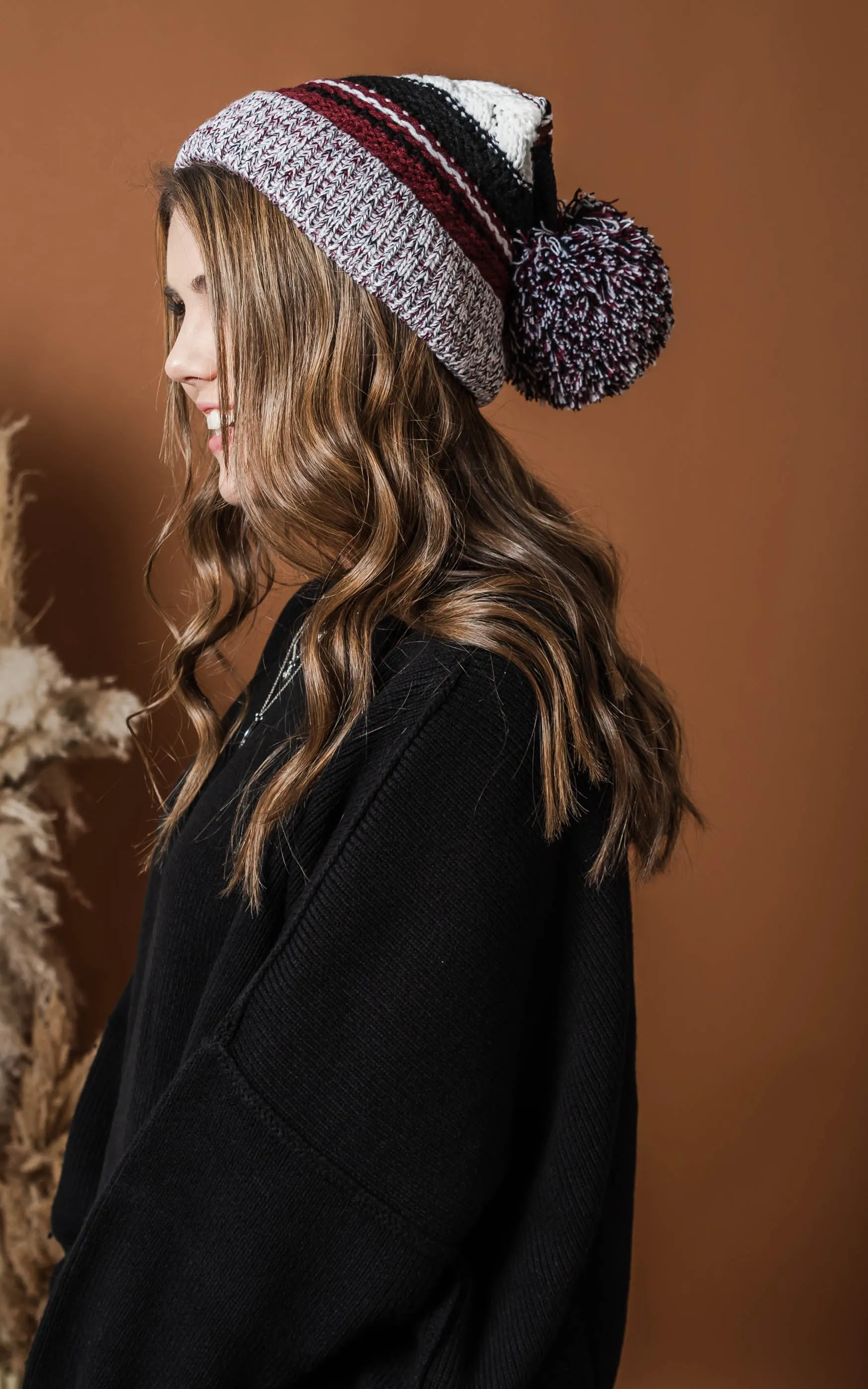 Stripe Knit Pom Pom Beanie