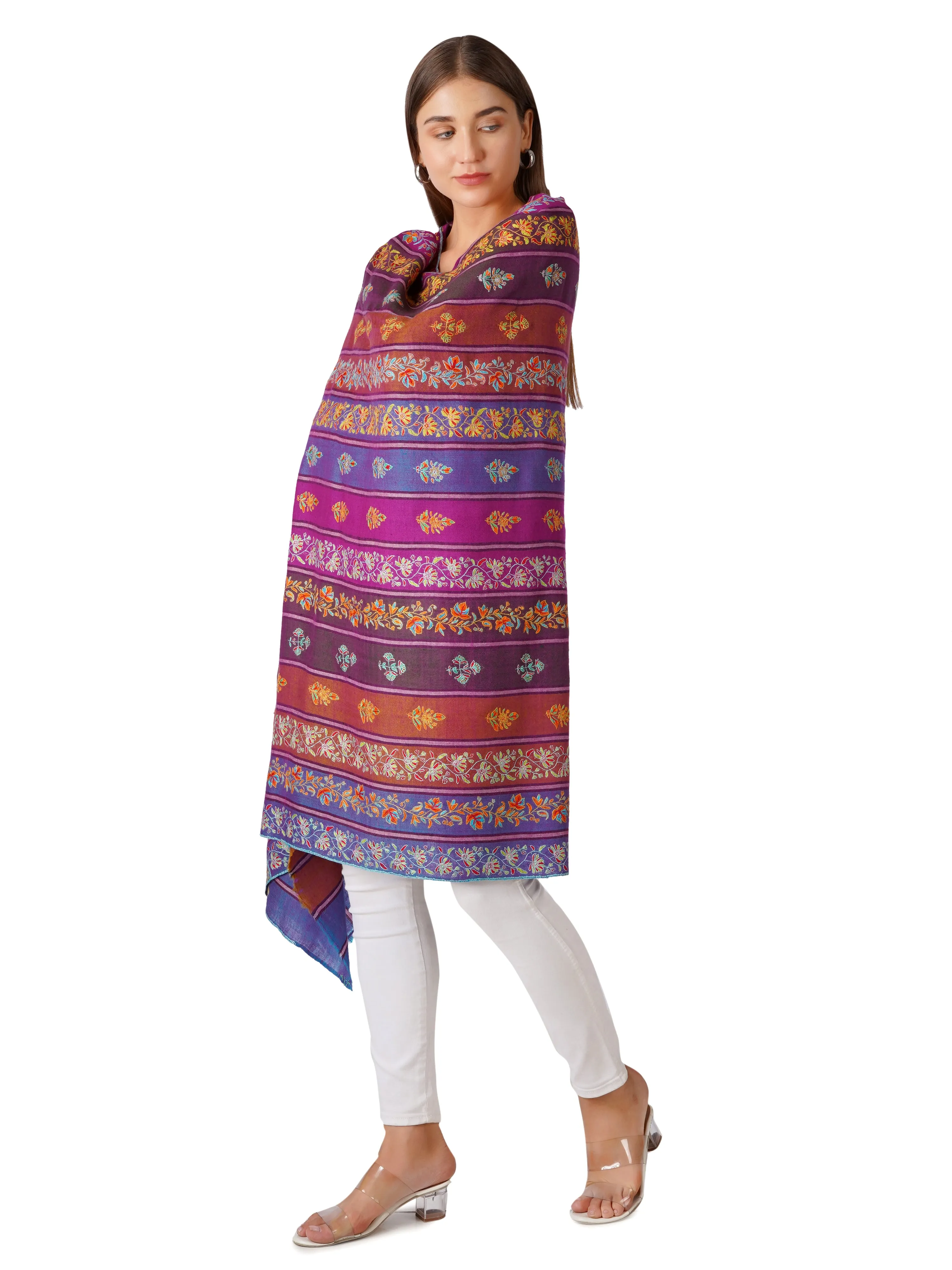 Stylish Stripes Pashmina Shawl with Floral Designs - Multi Color Stripes