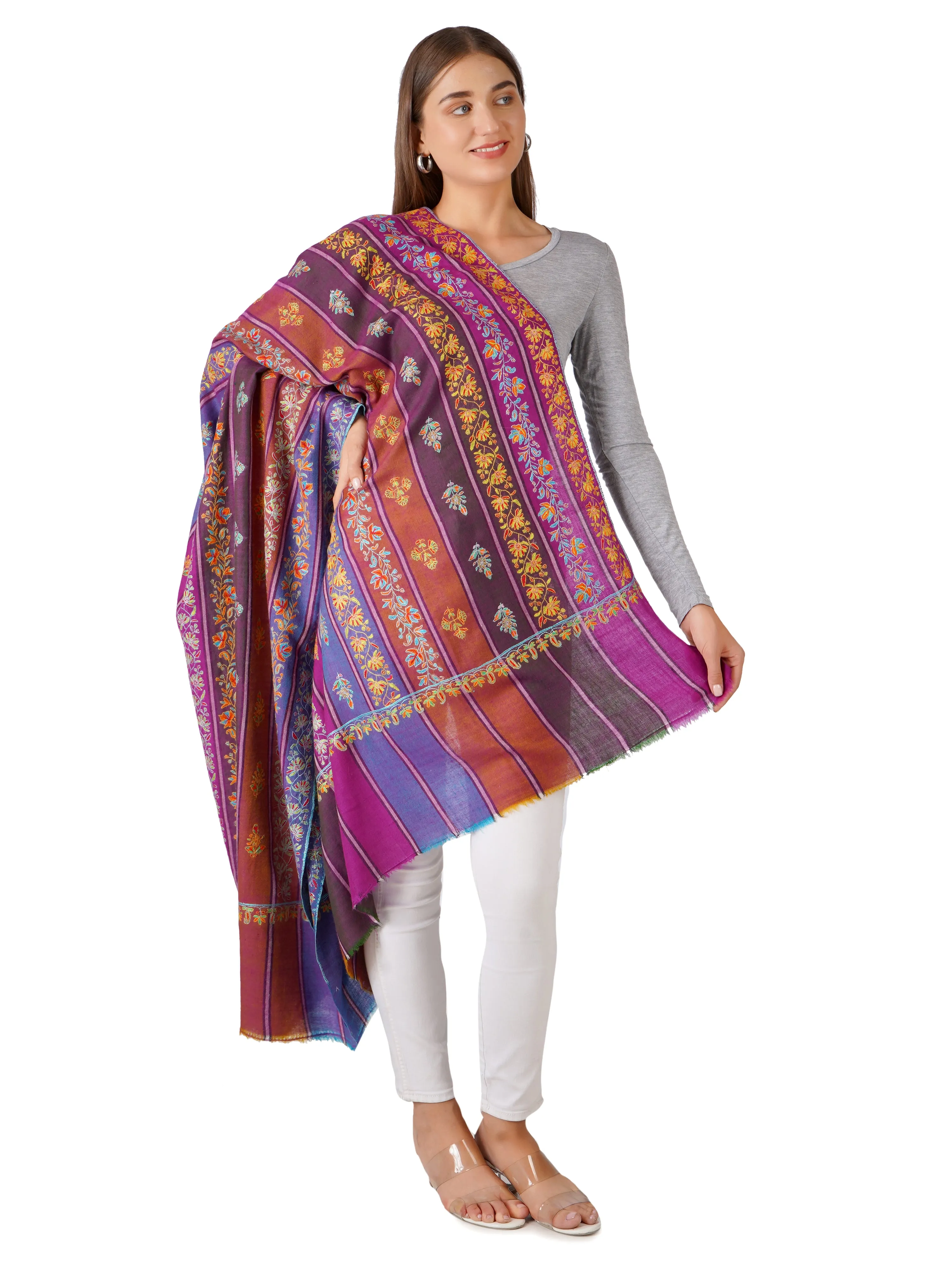 Stylish Stripes Pashmina Shawl with Floral Designs - Multi Color Stripes