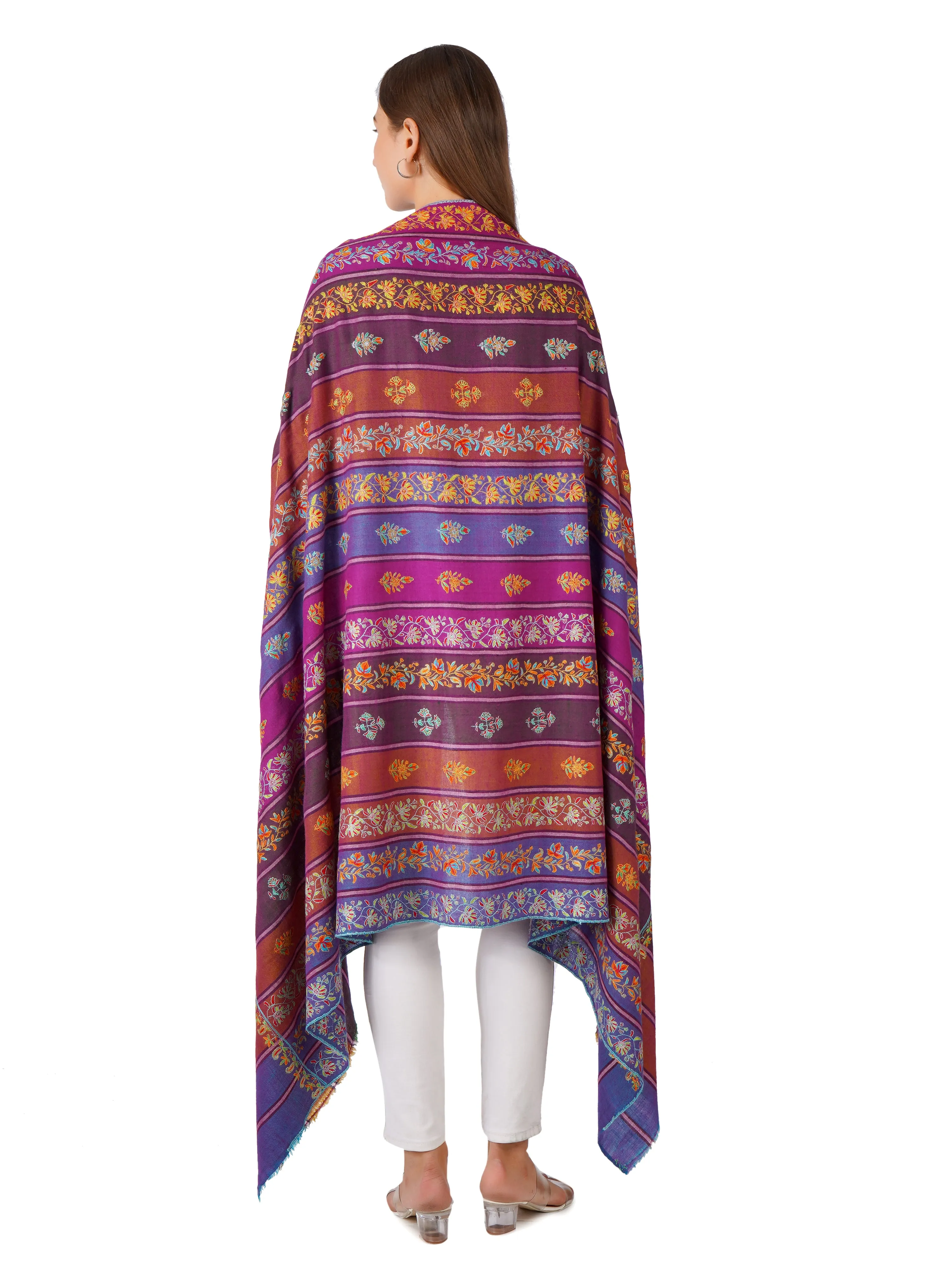 Stylish Stripes Pashmina Shawl with Floral Designs - Multi Color Stripes