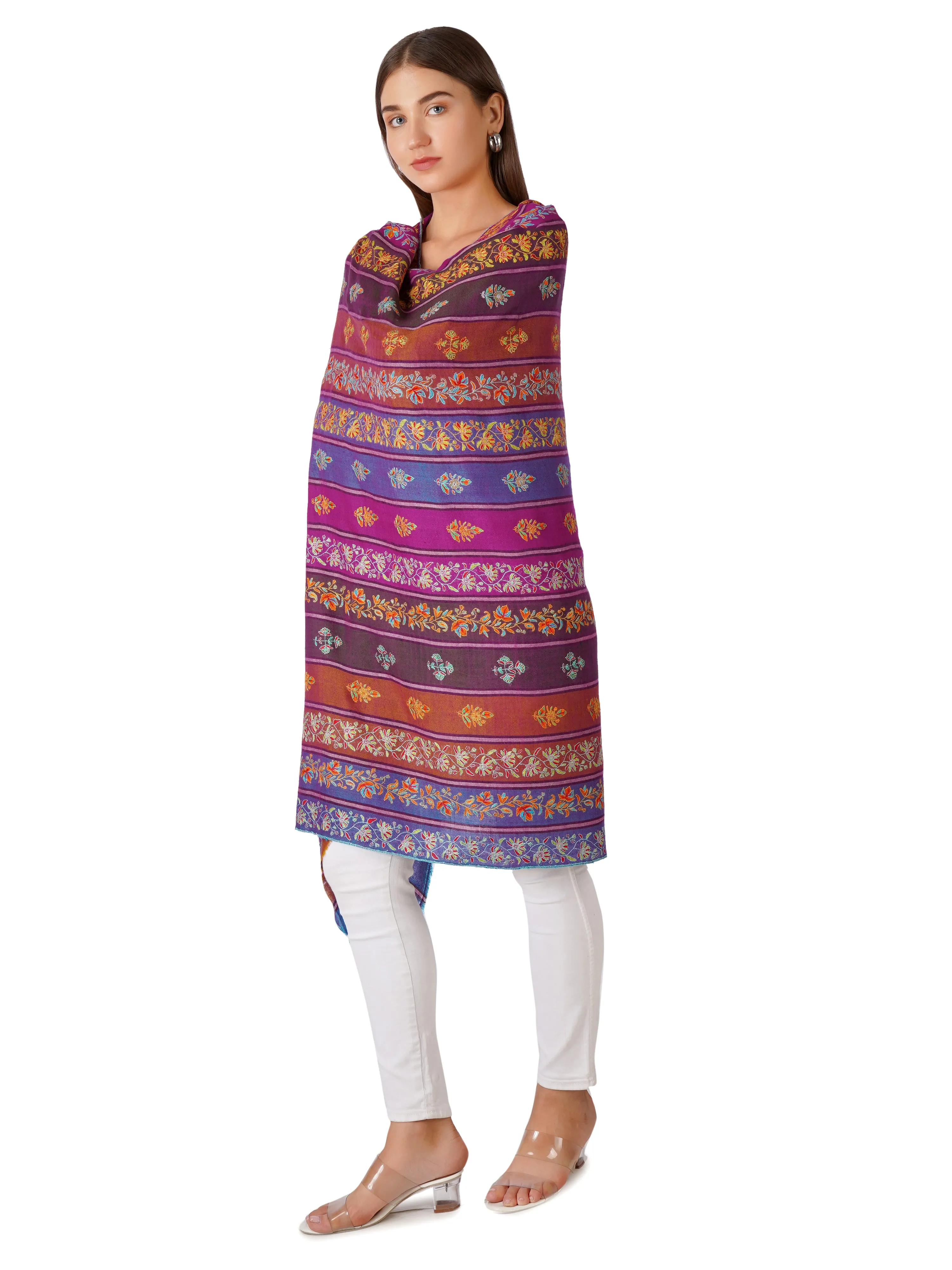 Stylish Stripes Pashmina Shawl with Floral Designs - Multi Color Stripes