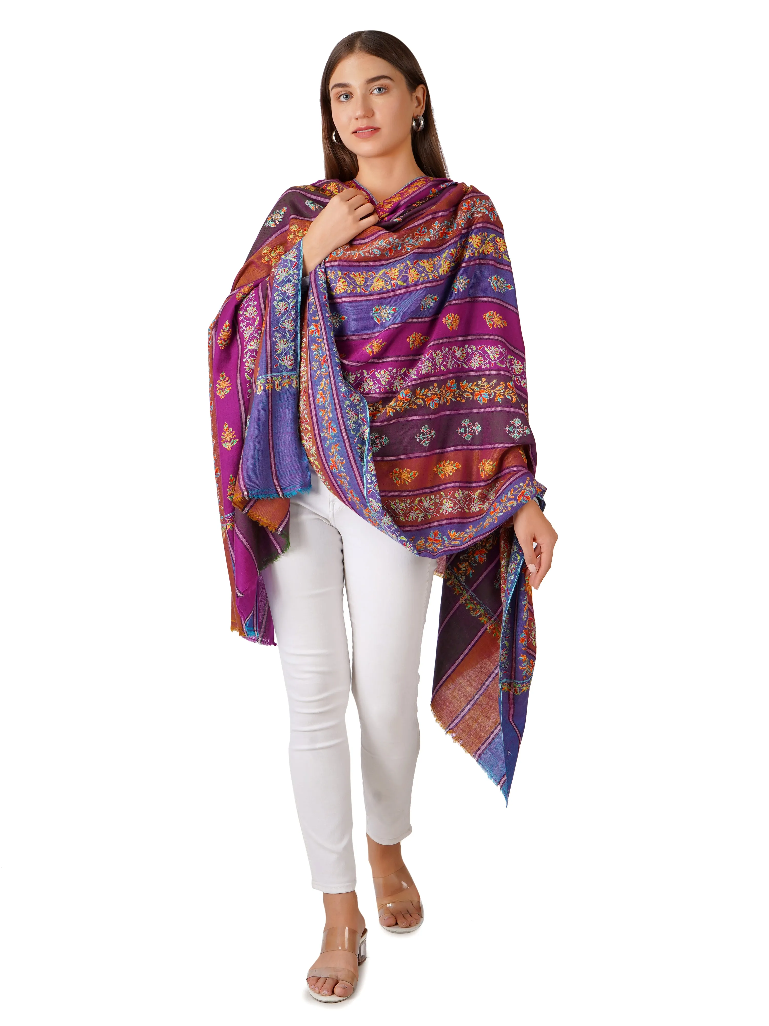 Stylish Stripes Pashmina Shawl with Floral Designs - Multi Color Stripes