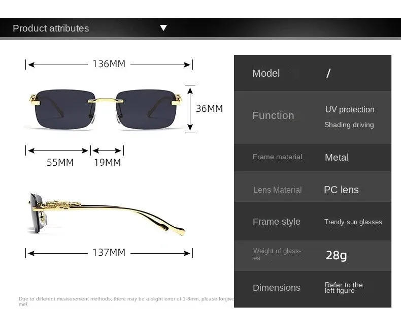 Sunglasses sun Shades Cheetah Decorative Personality Rimless Color Men's and Women's Retro Square Frame Metal unisex