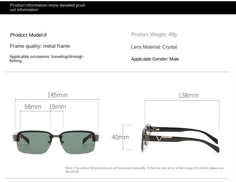 Sunglasses sun Shades Half Frame Perforated Men's Square Crystal Glass Crystal shade unisex