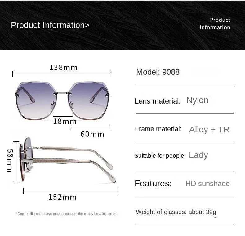Sunglasses sun Shades Large Frame Gradient Gray Frameless Fashion Comes with Makeup UV Protection Driving unisex