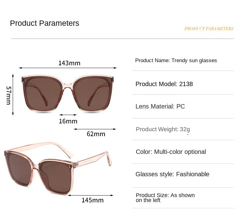 Sunglasses sun Shades Large Square Frame Men's and Women's High Grade Make Your Face Look Smaller Street unisex