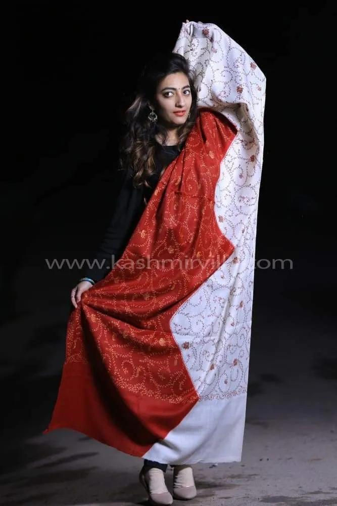 White Maroon Kashmiri Sozni Work Shawl With Running Jaal Pattern